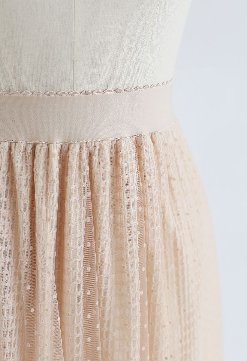 Eyelet Dots Mesh Overlay Midi Skirt in Cream