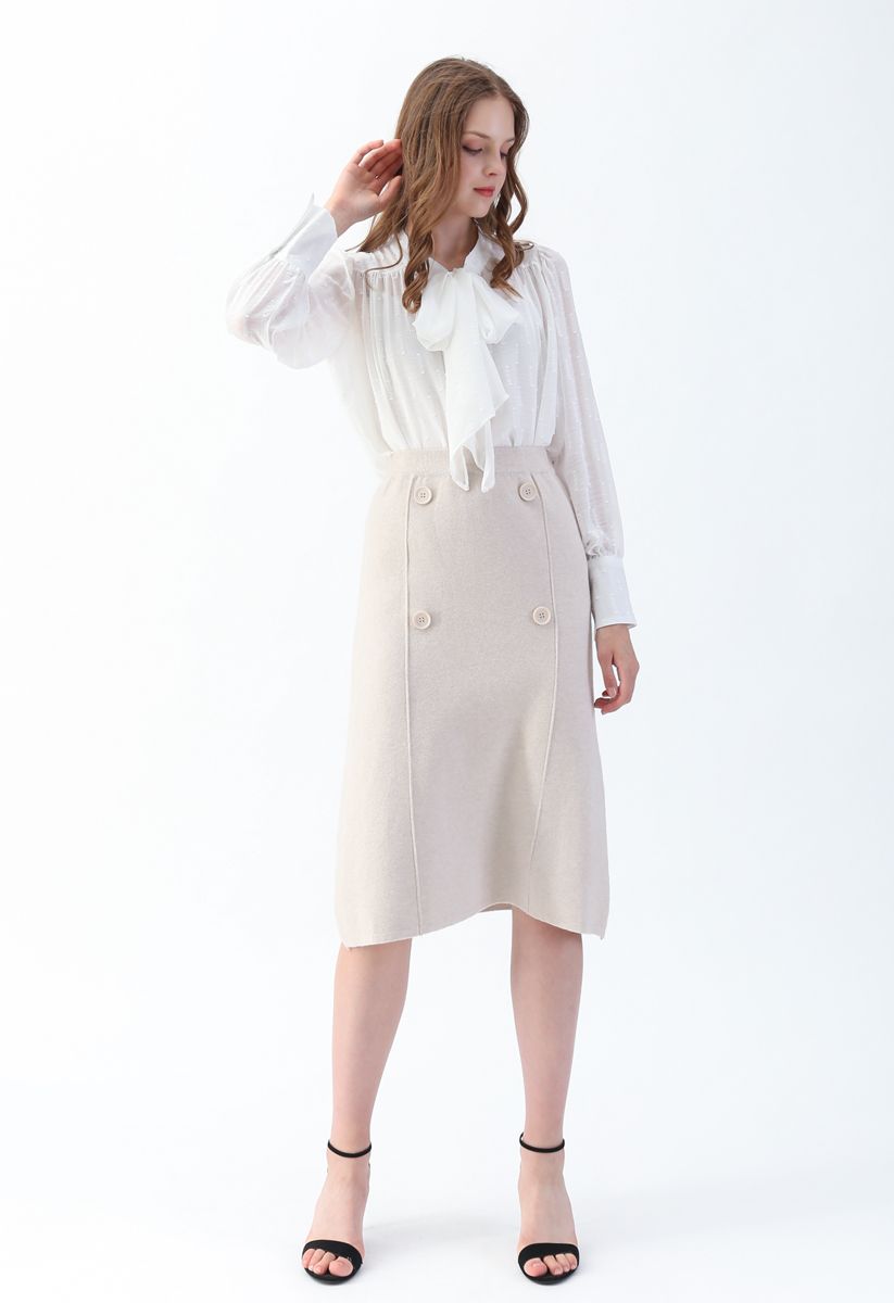 Button Trim Knit Midi Skirt in Cream