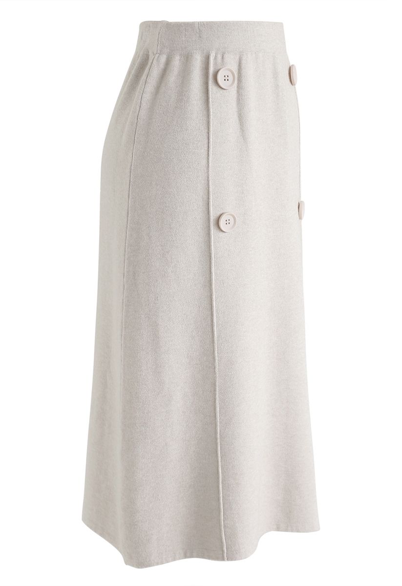 Button Trim Knit Midi Skirt in Cream