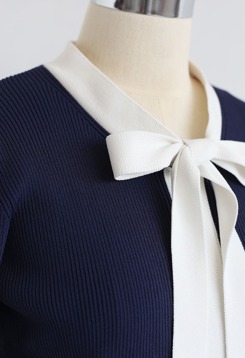Bowknot Long Sleeves Knit Dress in Navy