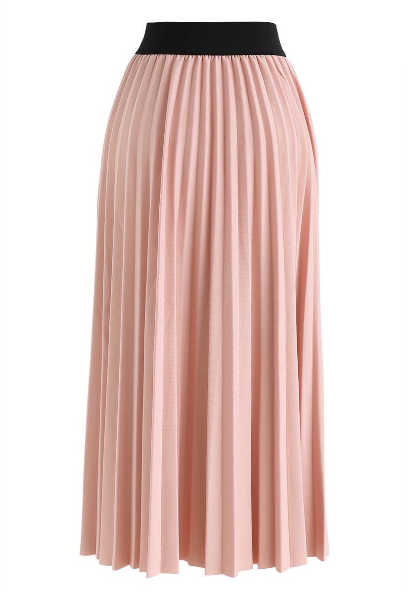 Plaid Splicing Pleated Midi Skirt in Pink