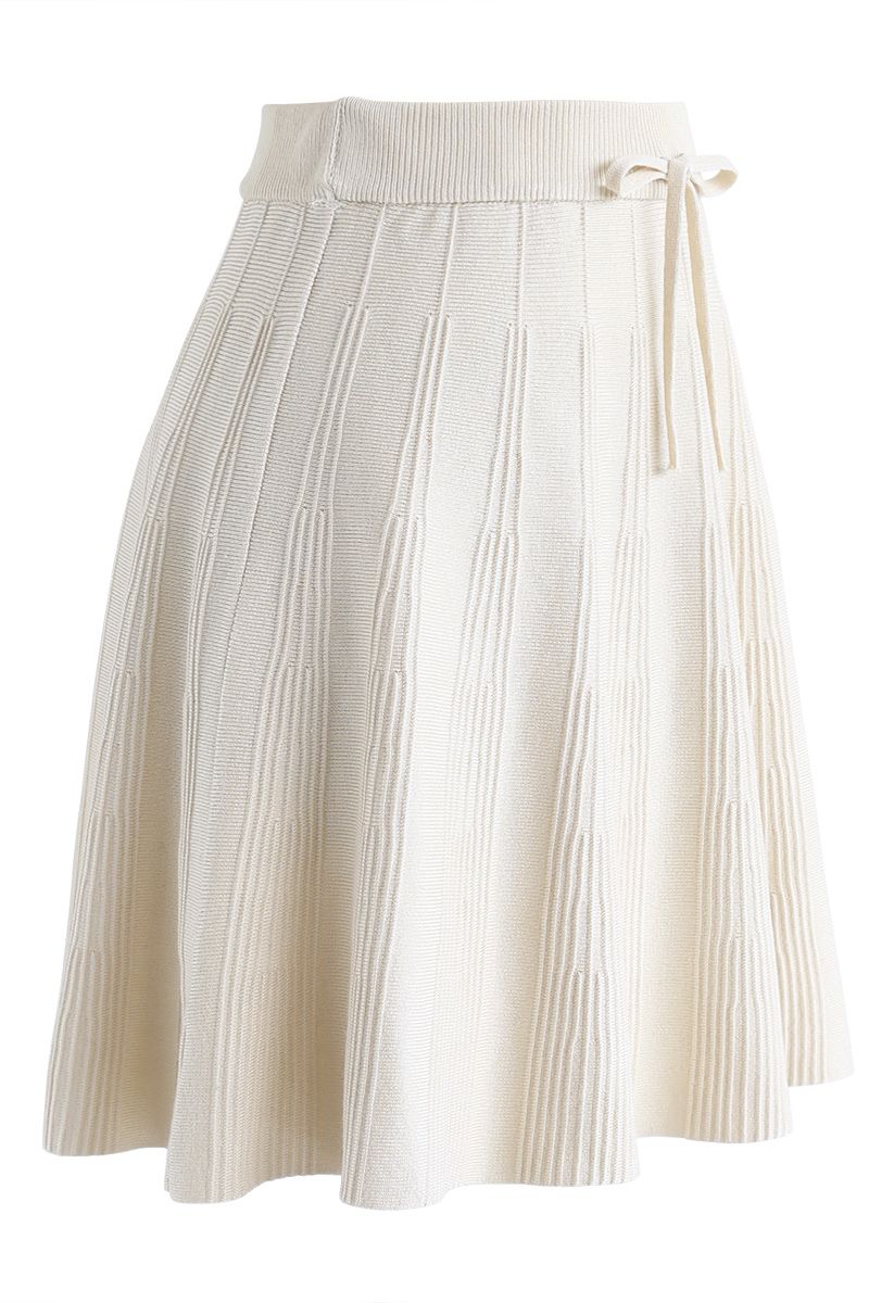 Bowknot Waist Radiant Lines Knit A-Line Skirt in Cream