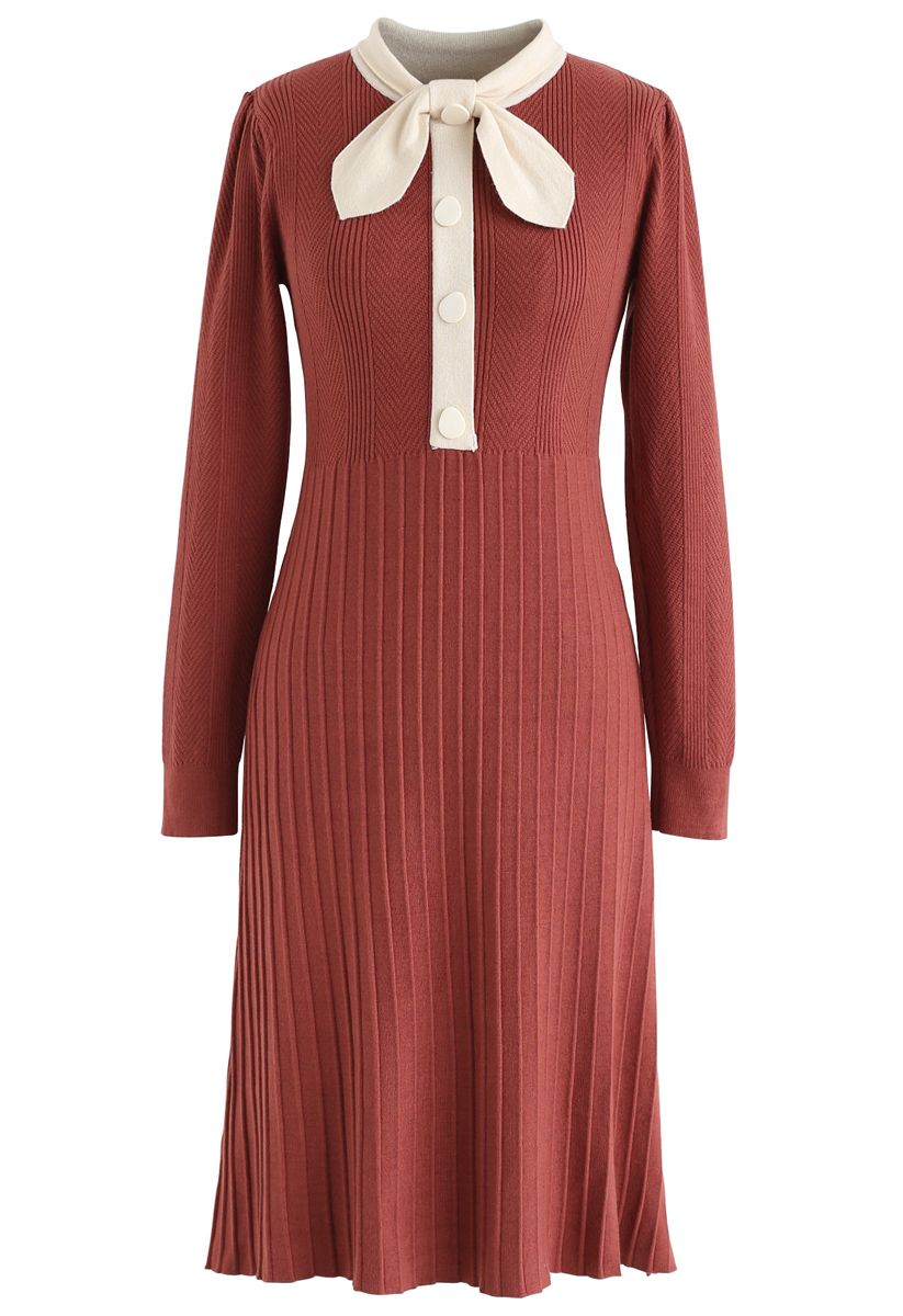 Self-Tied Bowknot Neck Knit Midi Dress in Brick Red