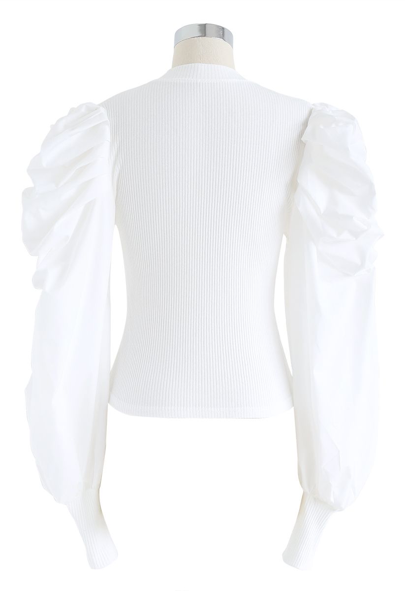 Dramatic Bubble-Sleeves Knit Top in White