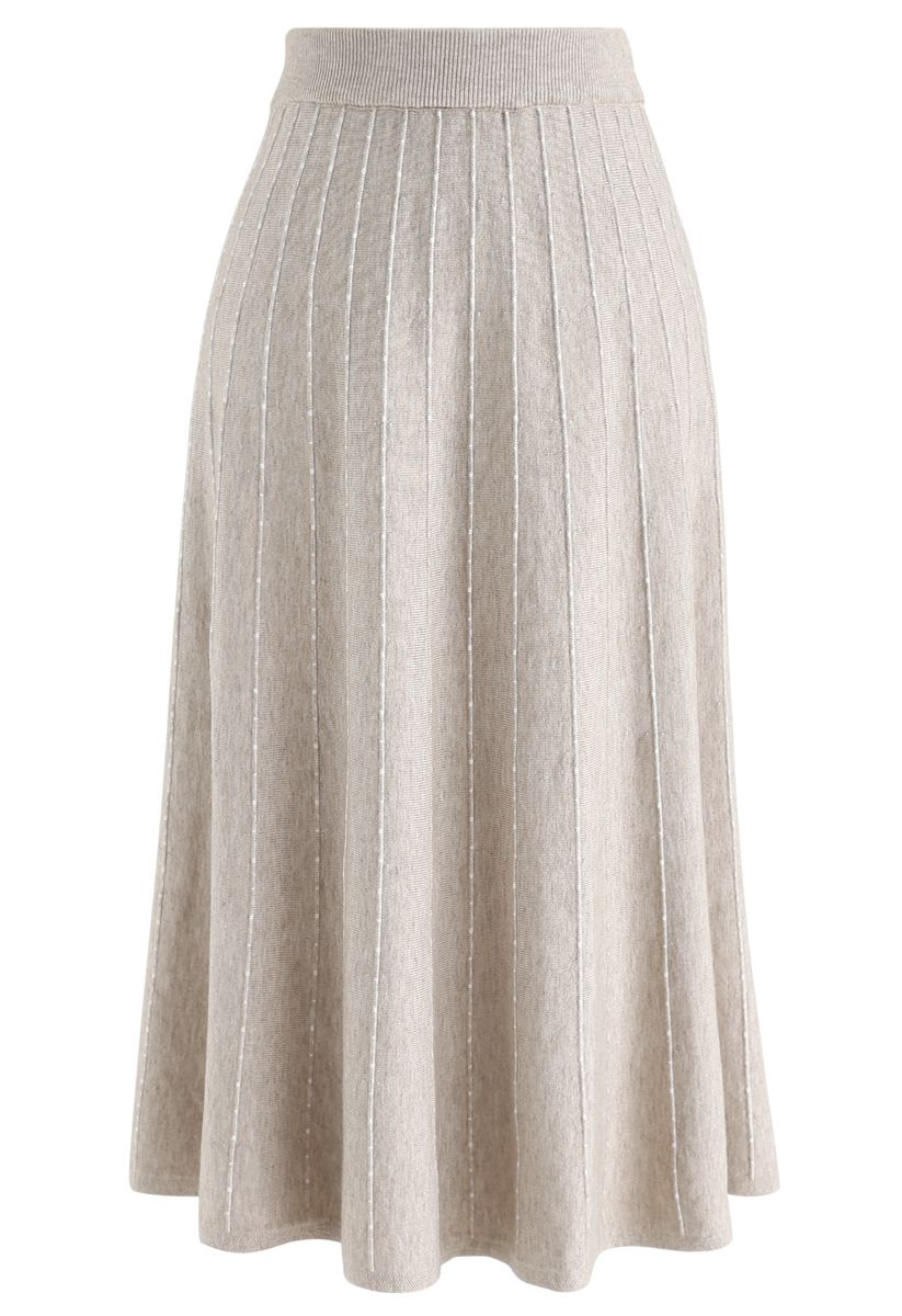 Striped Knit A-Line Midi Skirt in Sand