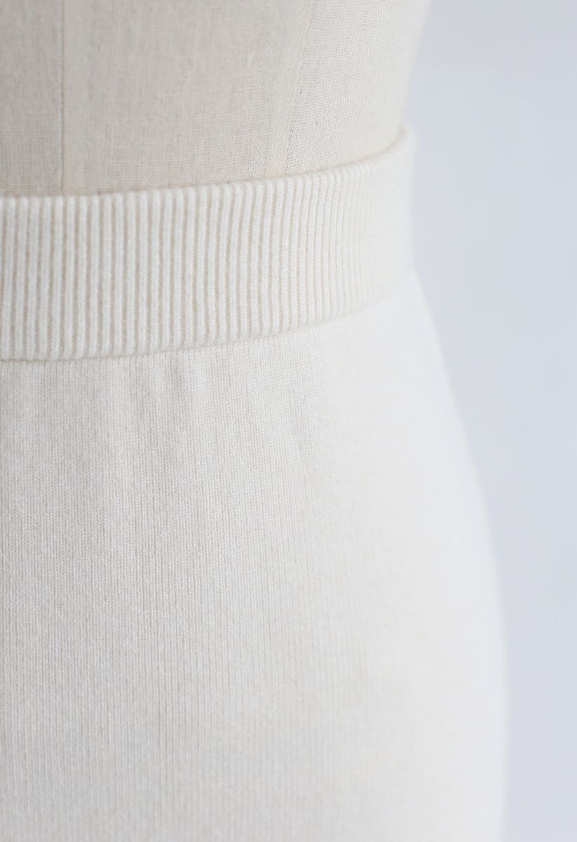 Basic Ribbed Knit Pencil Midi Skirt in Cream