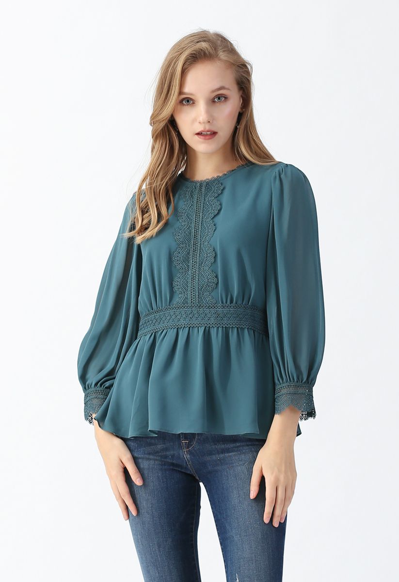 Wavy Lace Trimmed Chiffon Peplum Top in Teal