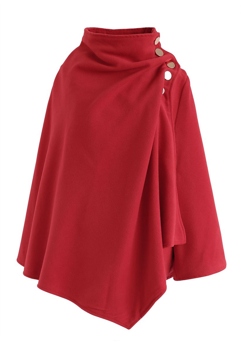 Asymmetric Hem Button Wrap Cape Coat in Red