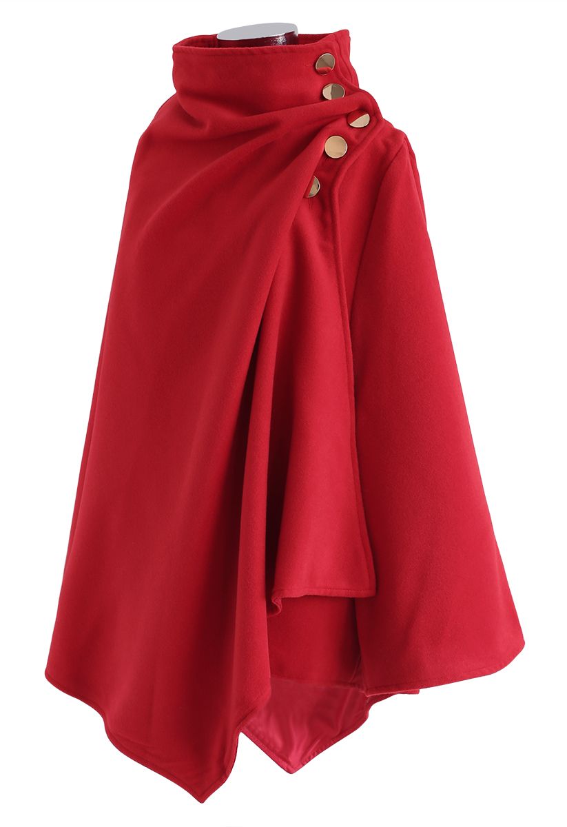 Asymmetric Hem Button Wrap Cape Coat in Red