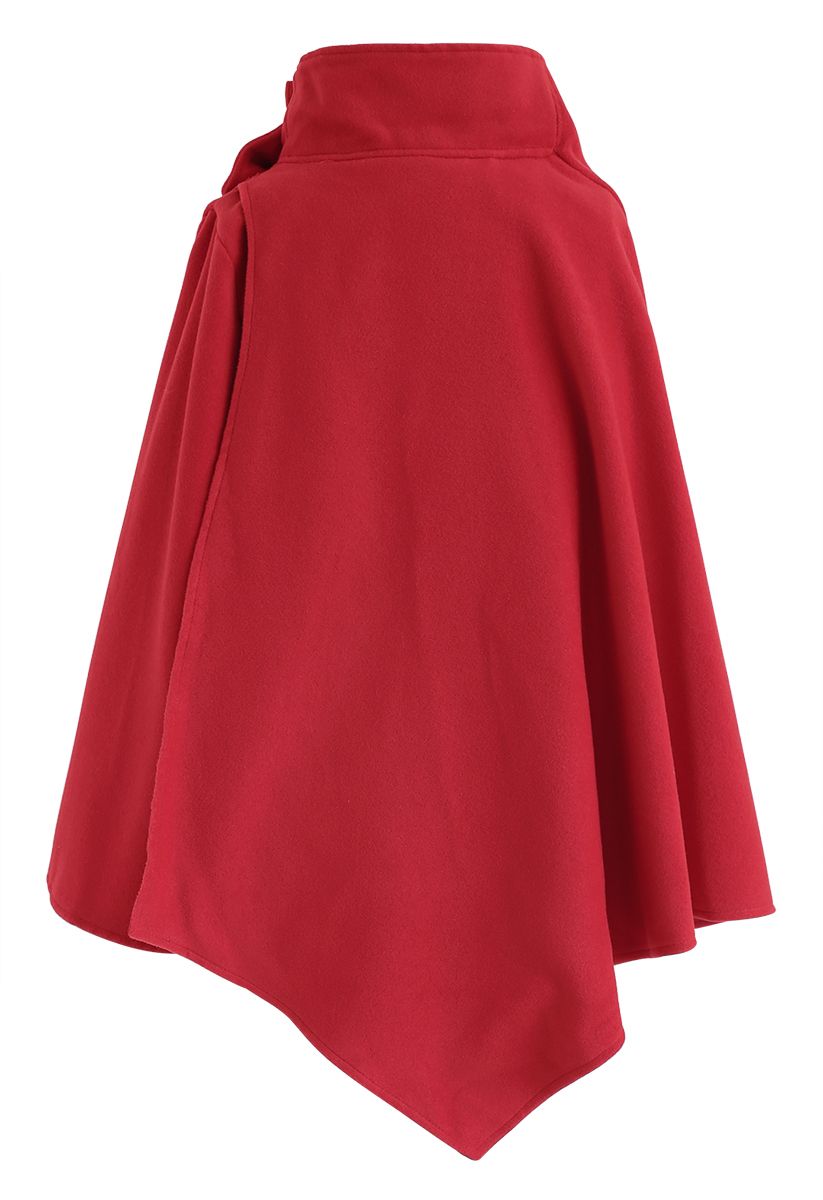 Asymmetric Hem Button Wrap Cape Coat in Red