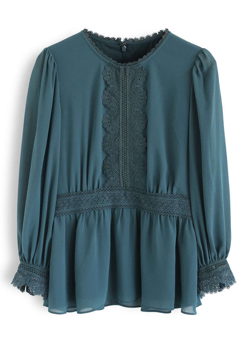 Wavy Lace Trimmed Chiffon Peplum Top in Teal