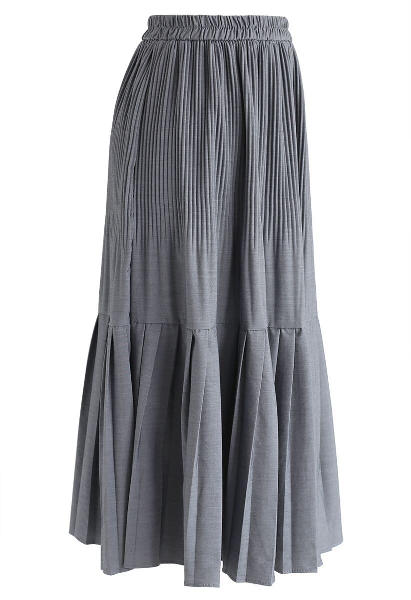 Pleated Hem A-Line Midi Skirt in Grey