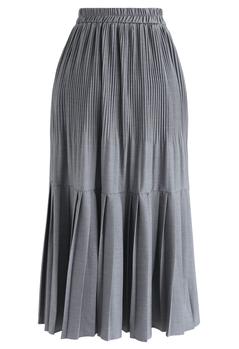 Pleated Hem A-Line Midi Skirt in Grey