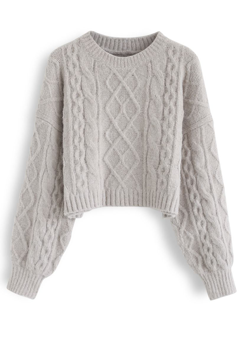 Cable Knit Fluffy Crop Sweater in Sand