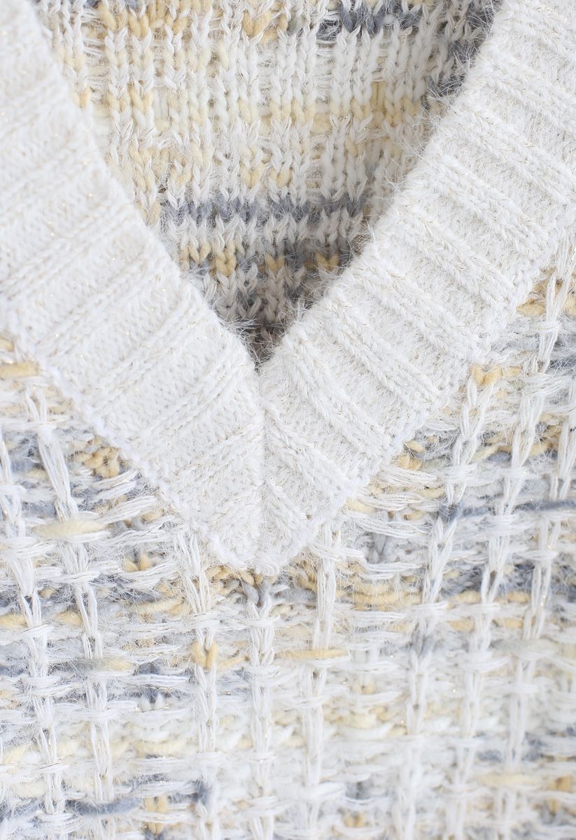V-Neck Colored Fluffy Knit Sweater in Ivory