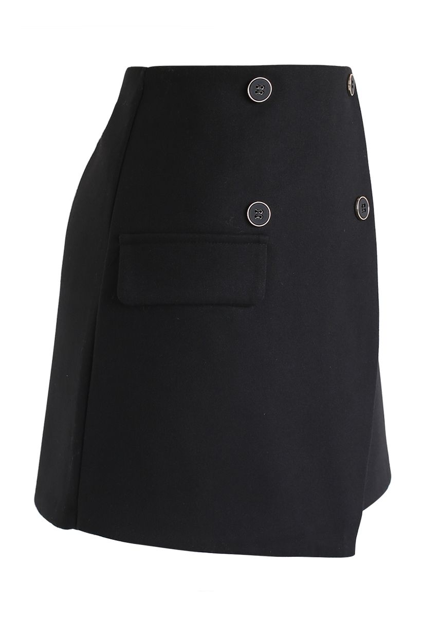 Button Trim Flap Mini Skirt in Black