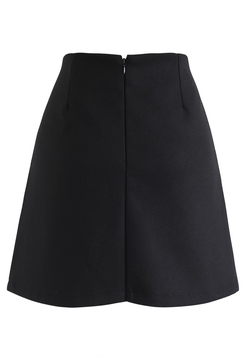 Button Trim Flap Mini Skirt in Black