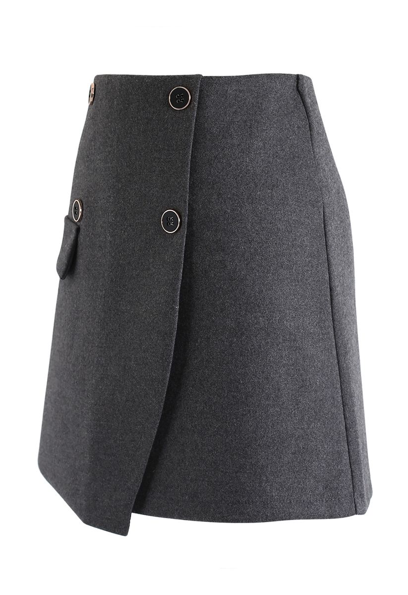 Button Trim Flap Mini Skirt in Smoke