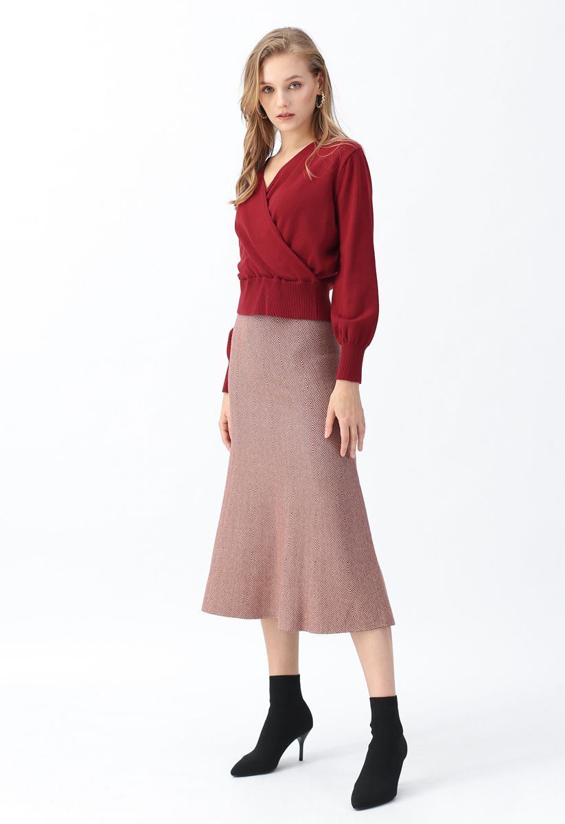 Slant Stripes Knit Midi Skirt in Rust Red