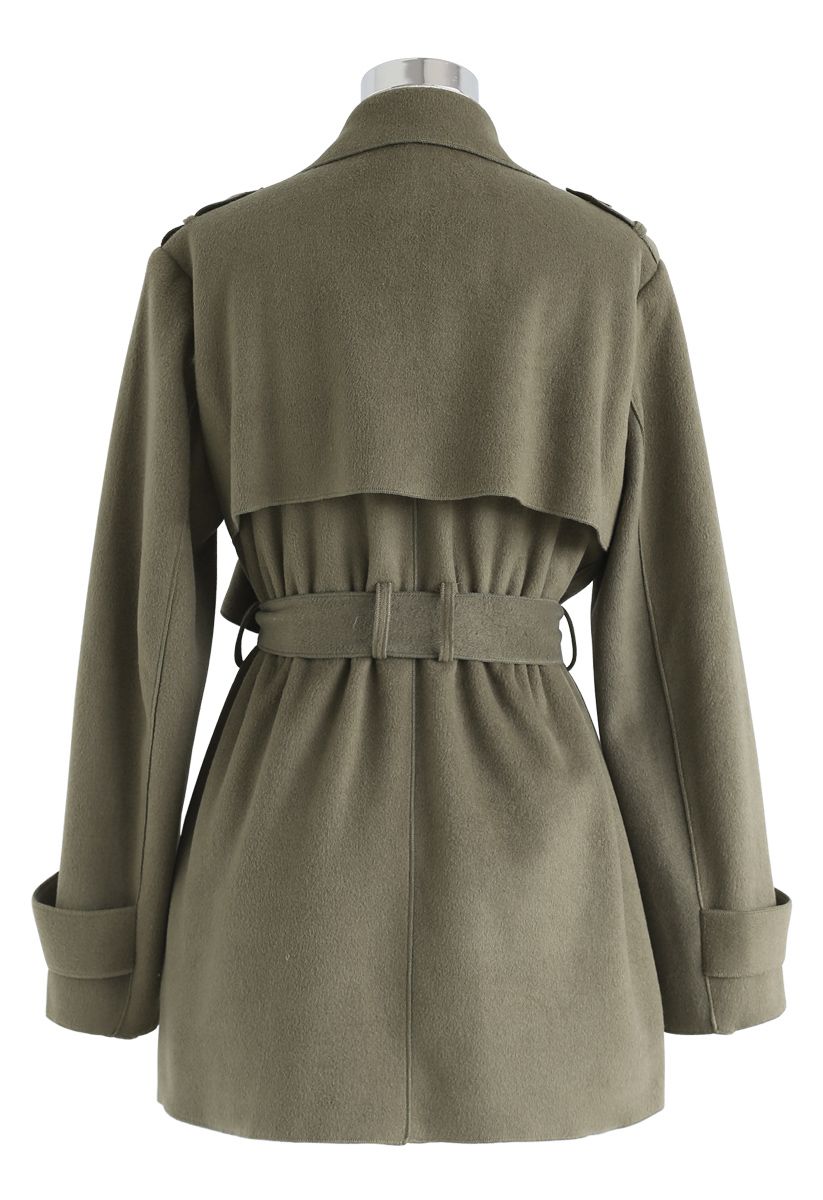 Open Front Belted Trench Coat in Moss Green