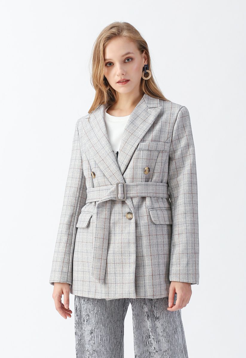 Plaid Belted Double-Breasted Blazer