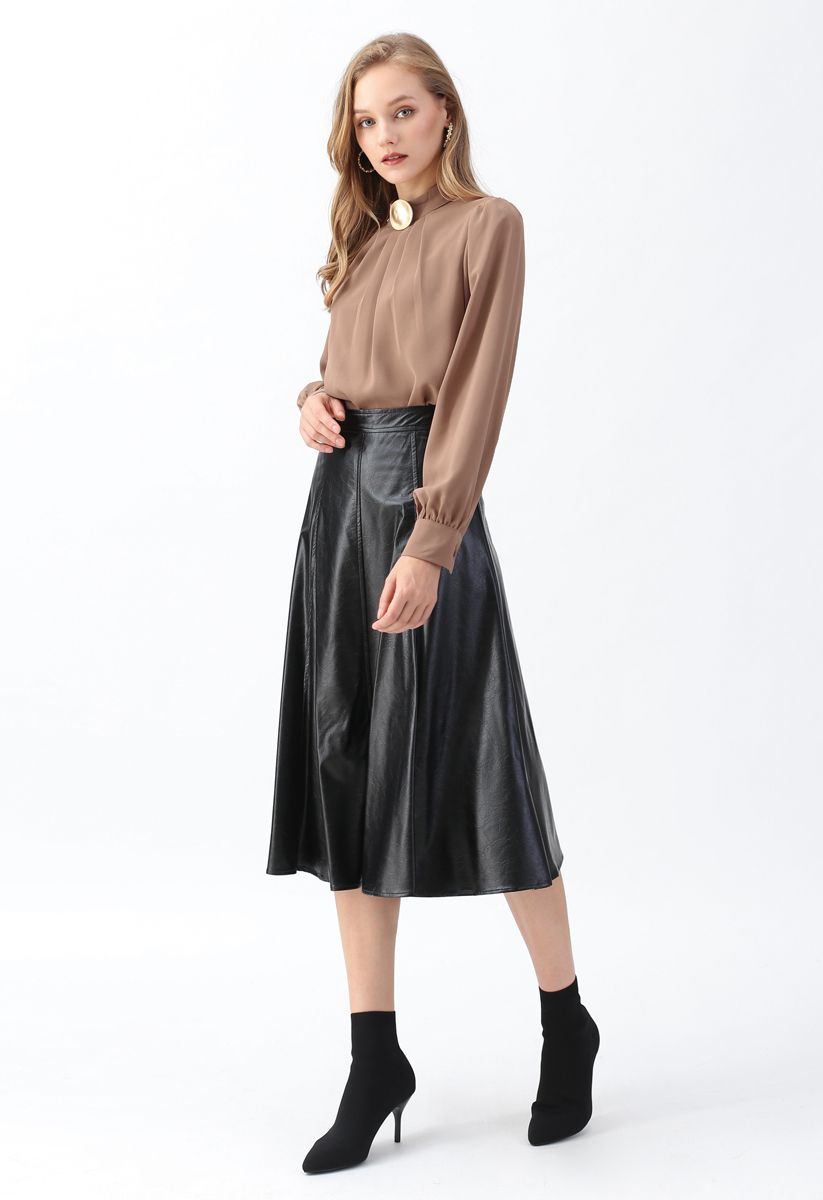 Faux Leather A-Line Midi Skirt in Black