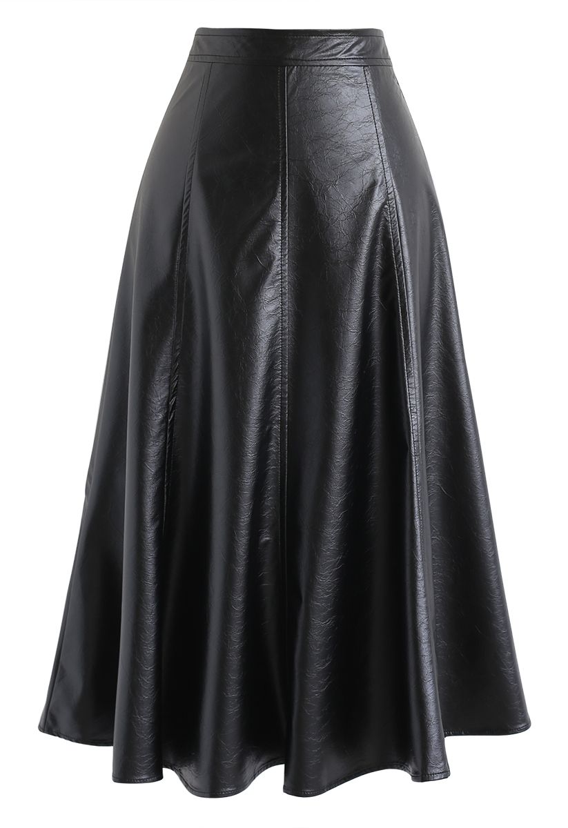 Faux Leather A-Line Midi Skirt in Black