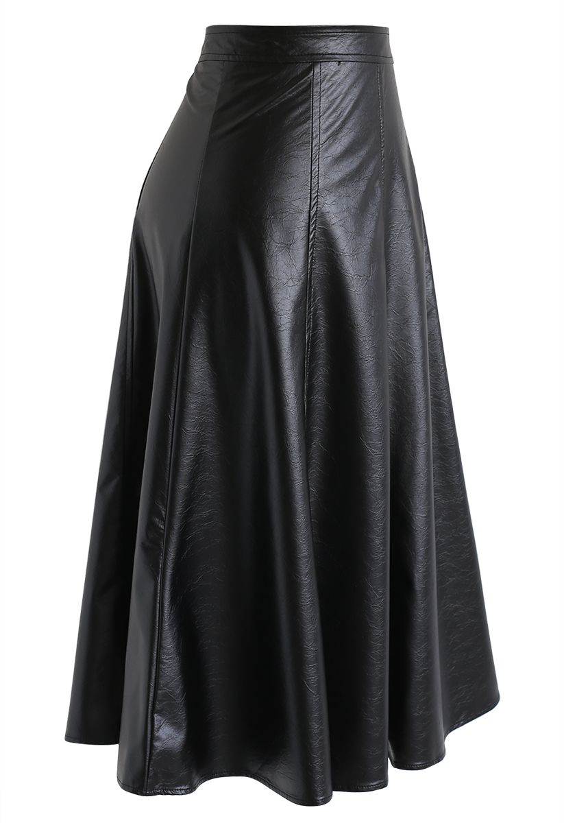 Faux Leather A-Line Midi Skirt in Black