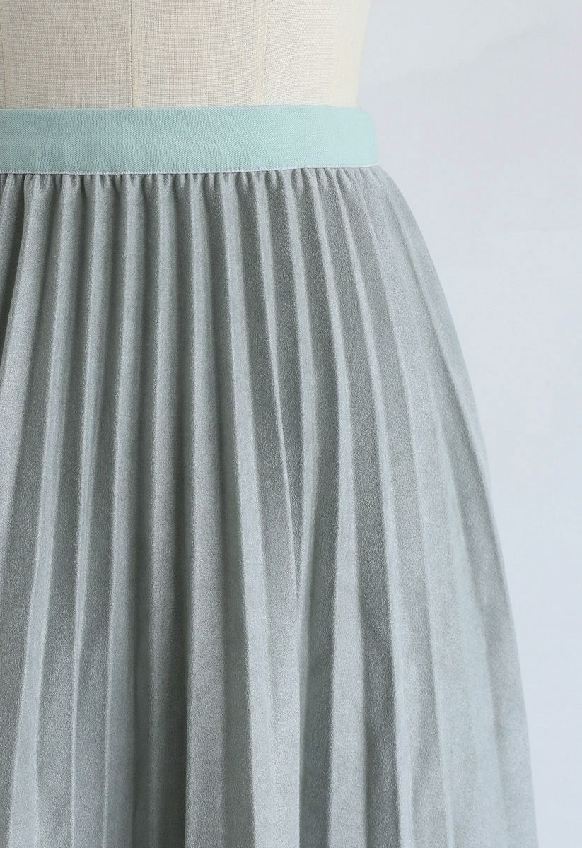 Faux Suede Pleated Midi Skirt in Mint