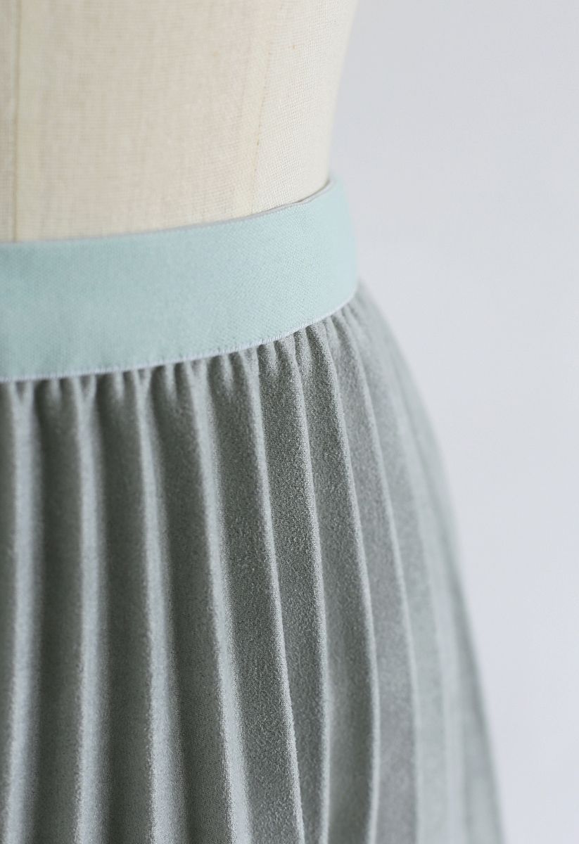 Faux Suede Pleated Midi Skirt in Mint
