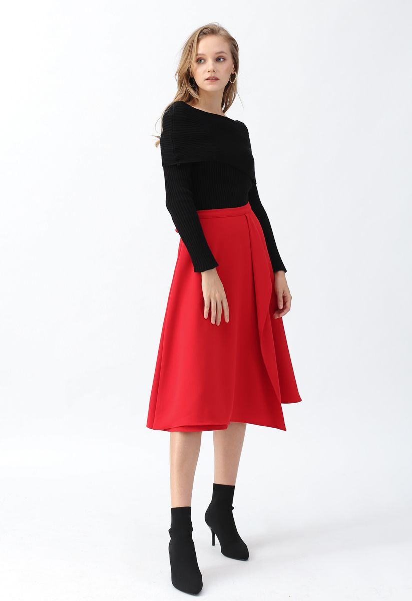 Asymmetric Flap Trim A-Line Midi Skirt in Red