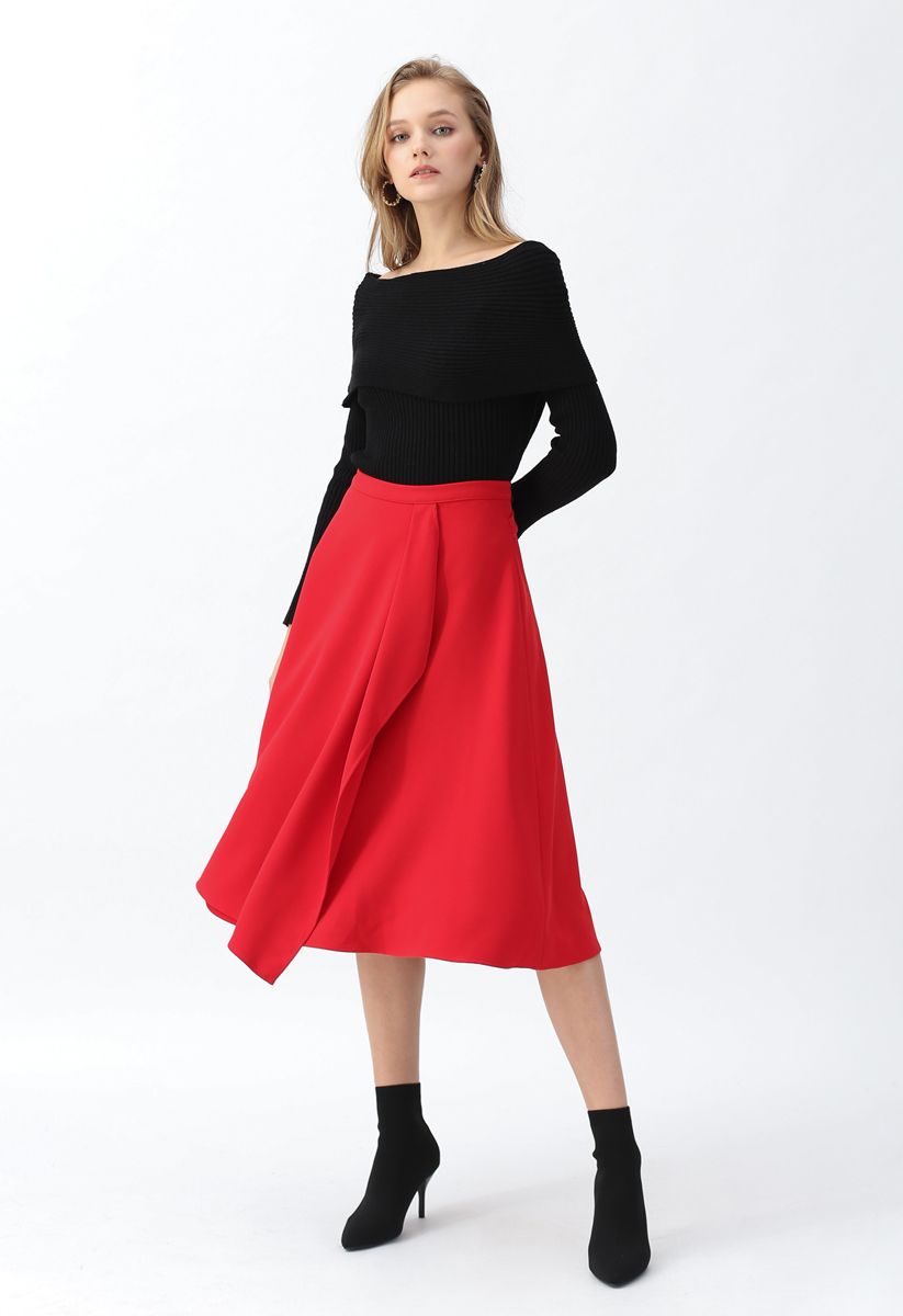 Asymmetric Flap Trim A-Line Midi Skirt in Red