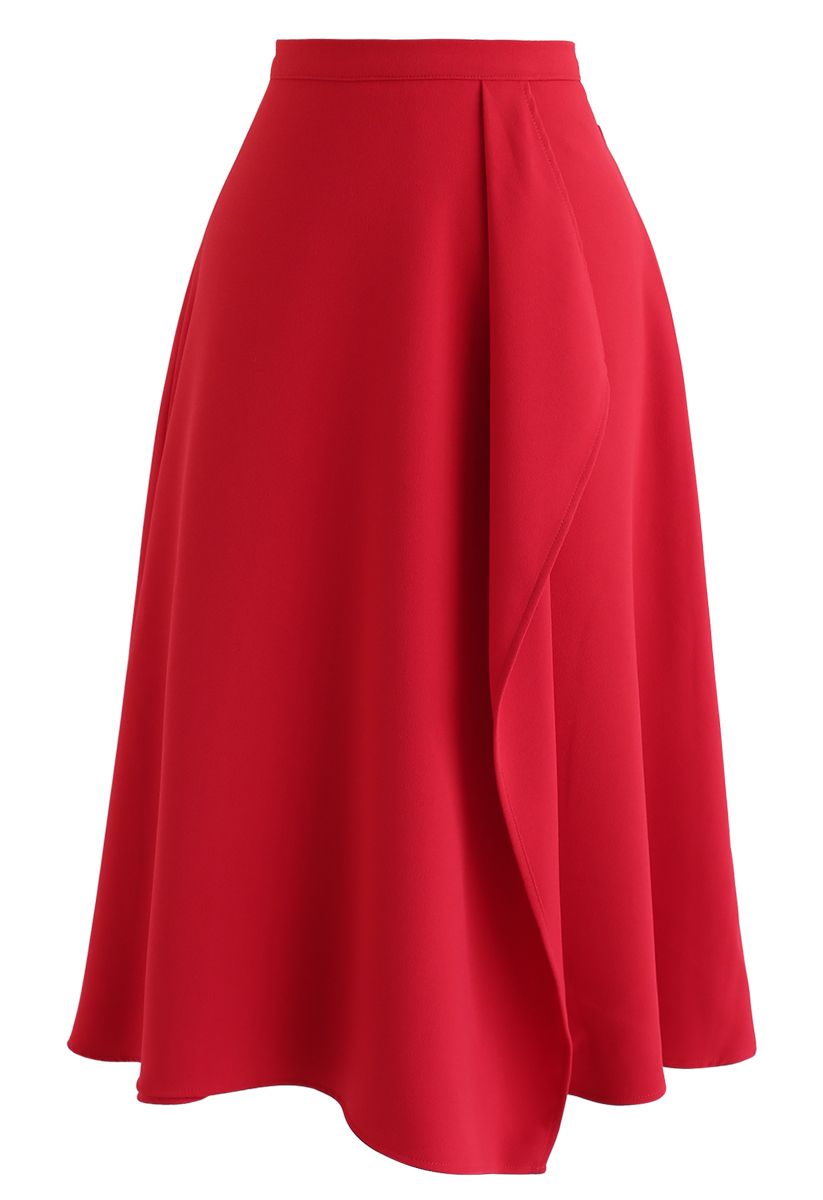 Asymmetric Flap Trim A-Line Midi Skirt in Red