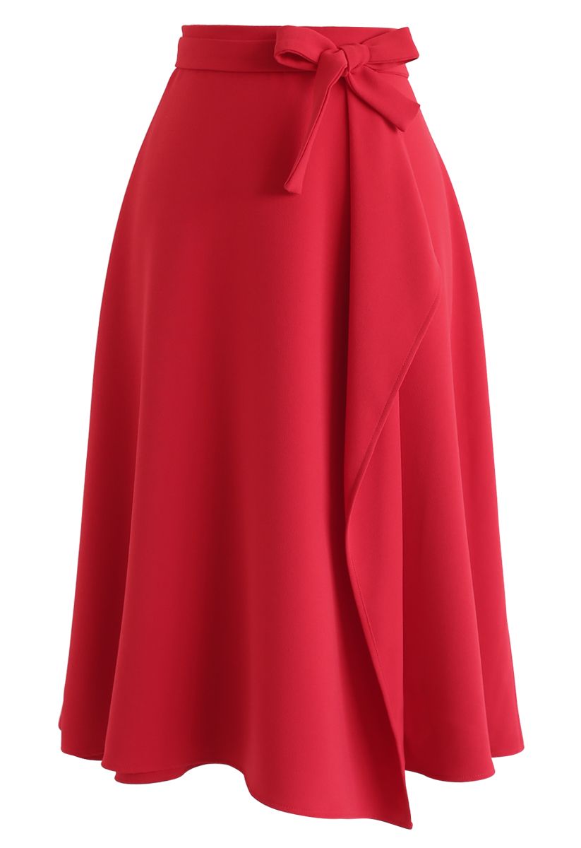 Asymmetric Flap Trim A-Line Midi Skirt in Red