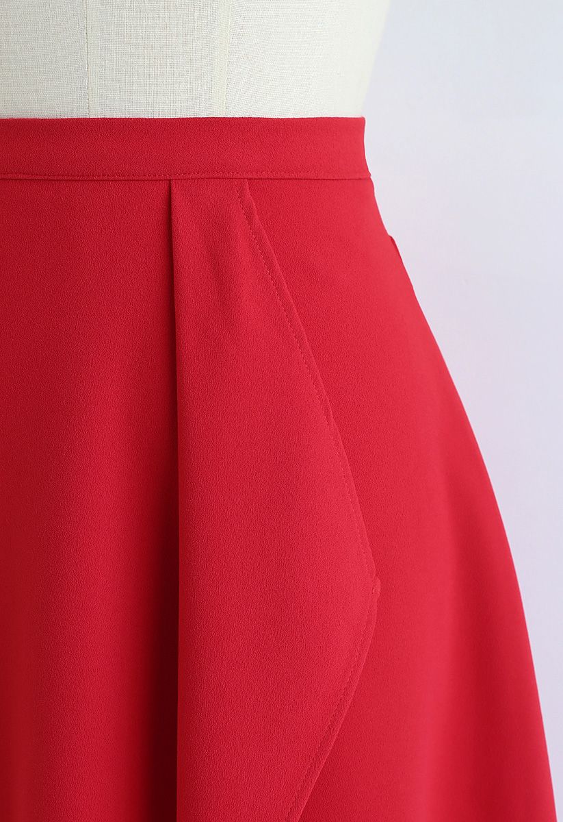 Asymmetric Flap Trim A-Line Midi Skirt in Red