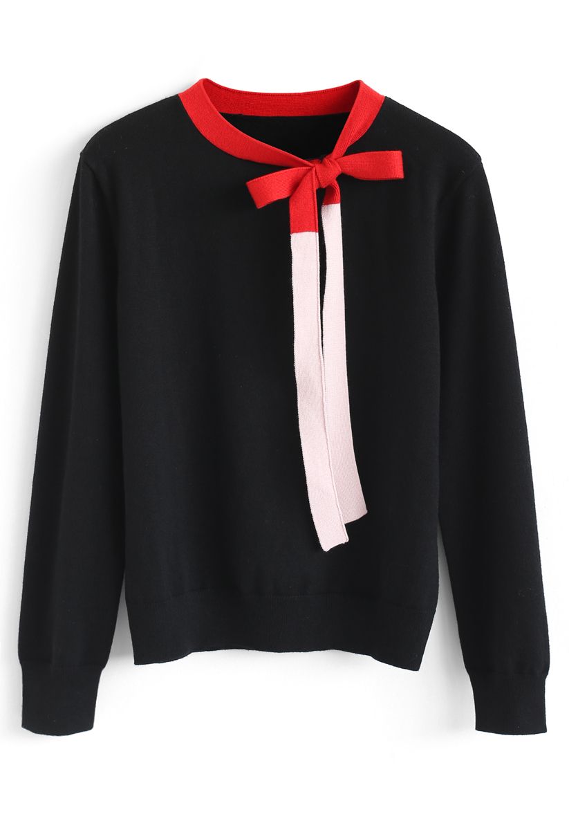 Color Blocked Bowknot Knit Sweater in Black