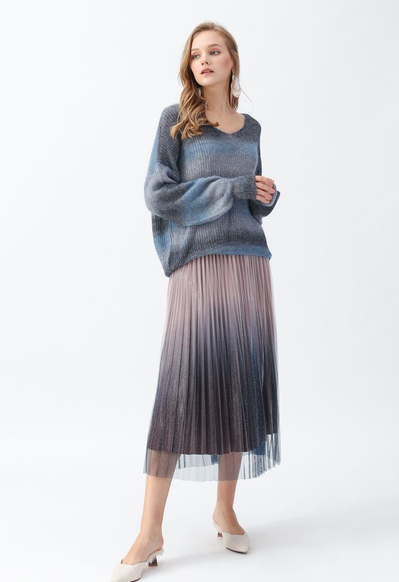 Gradient Shiny Mesh Pleated Skirt in Pink