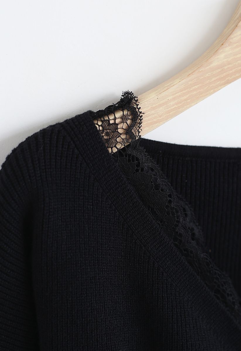 Lacy Ribbed Wrap Knit Top in Black