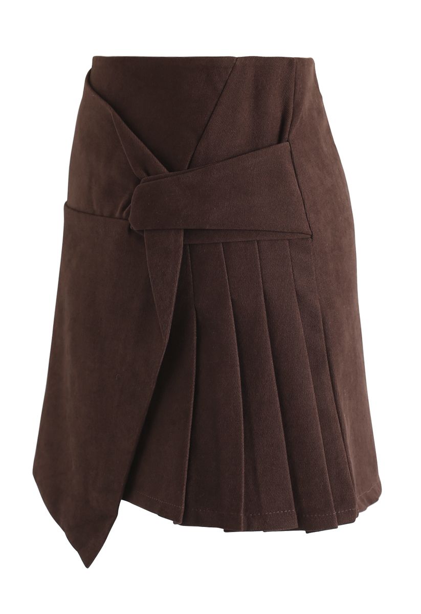 Flap Pleated Mini Skirt in Brown