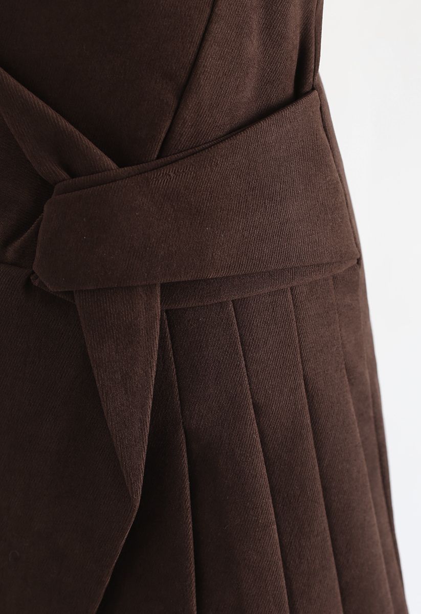 Flap Pleated Mini Skirt in Brown