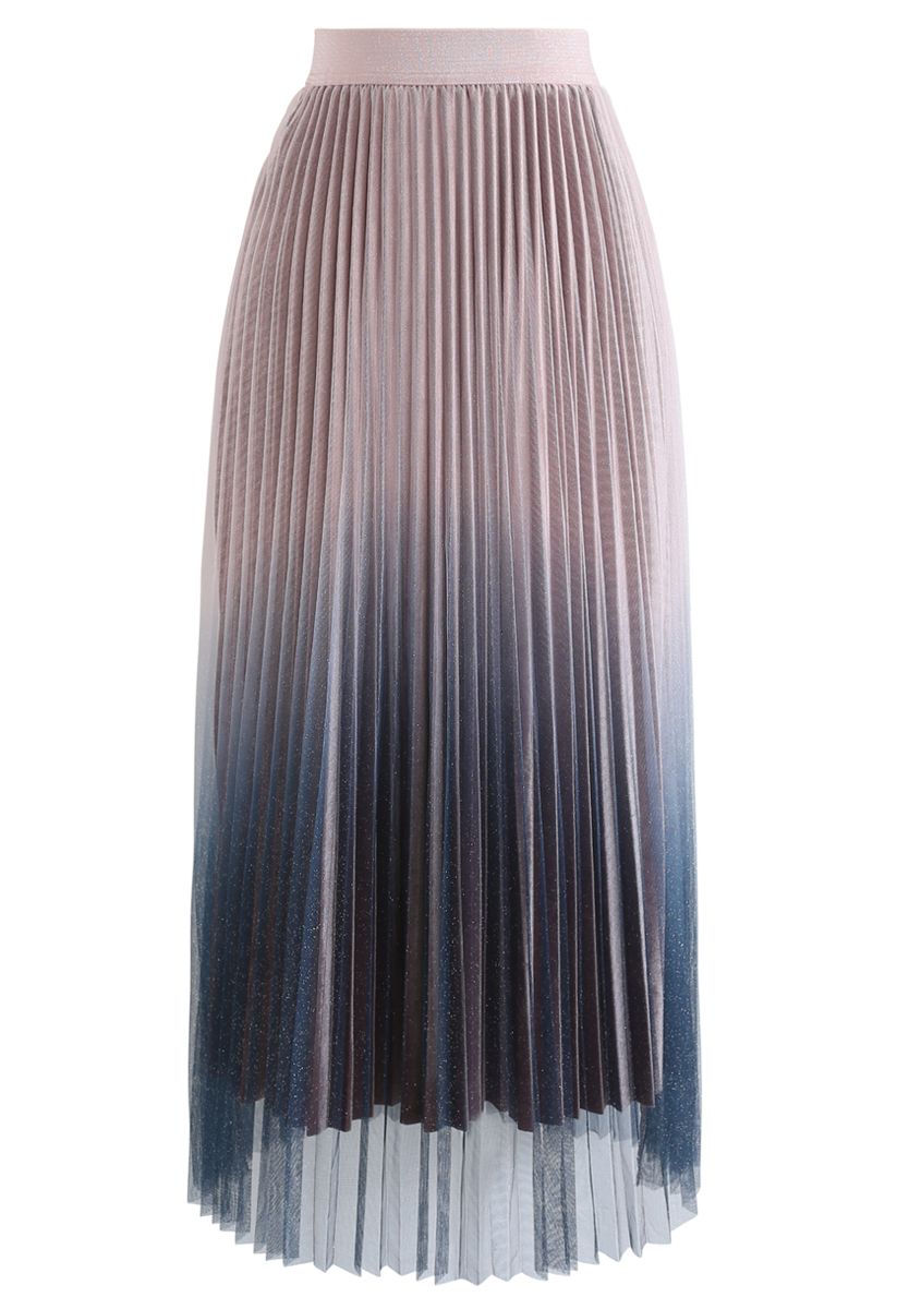 Gradient Shiny Mesh Pleated Skirt in Pink