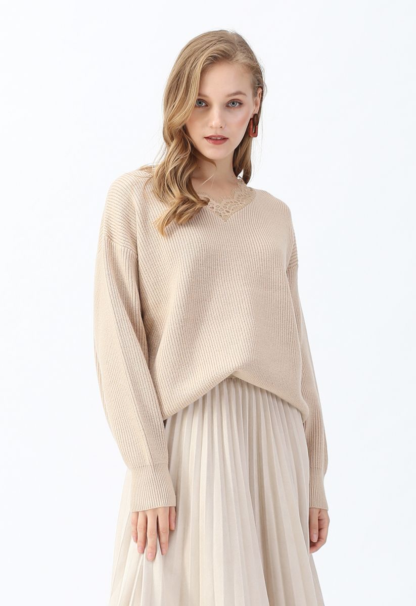 Lacy Neck Ribbed Knit Sweater in Light Tan