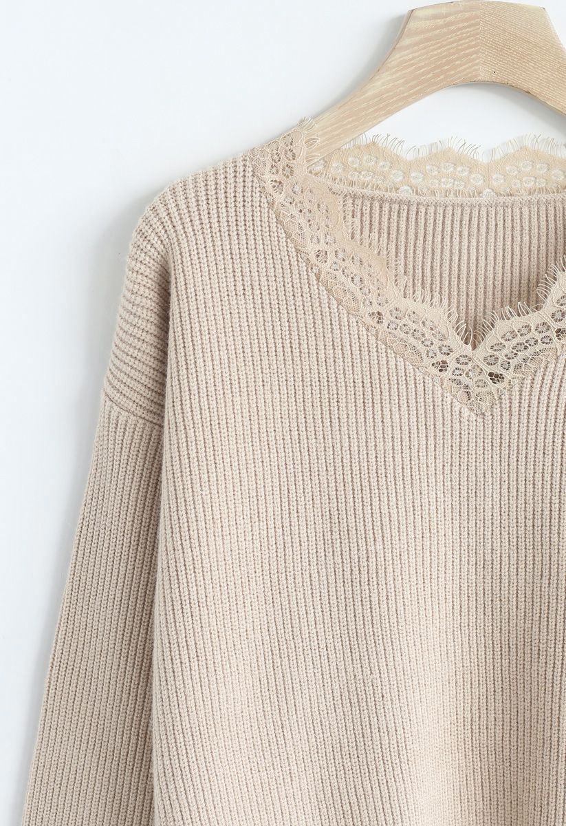 Lacy Neck Ribbed Knit Sweater in Light Tan