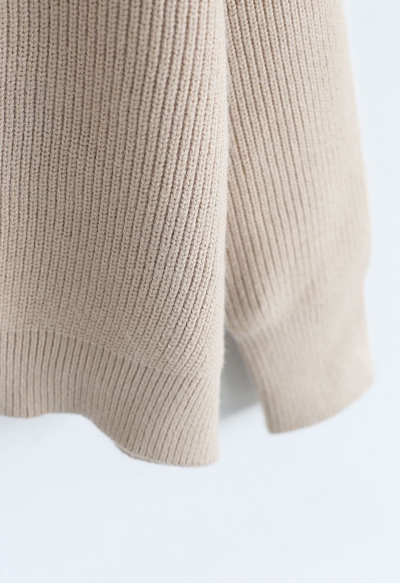 Lacy Neck Ribbed Knit Sweater in Light Tan