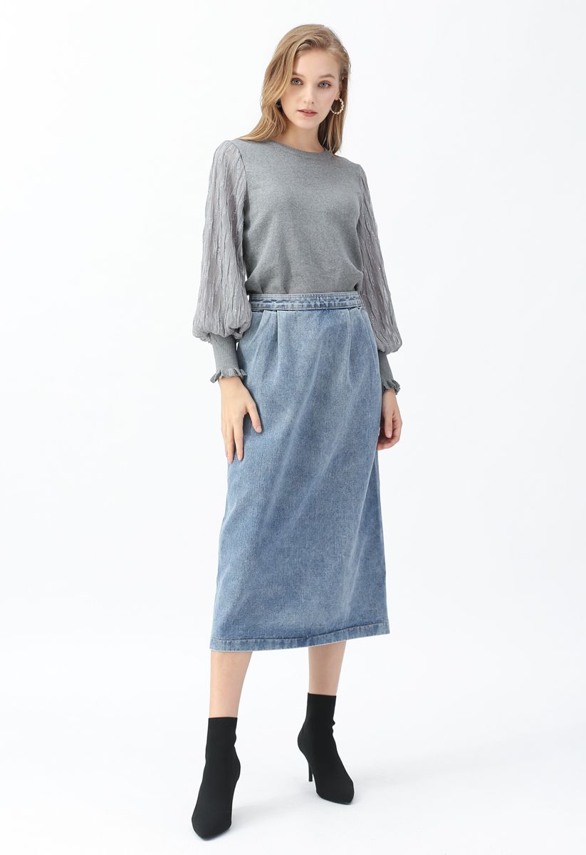 Shiny Lines Puff Sleeves Knit Top in Grey