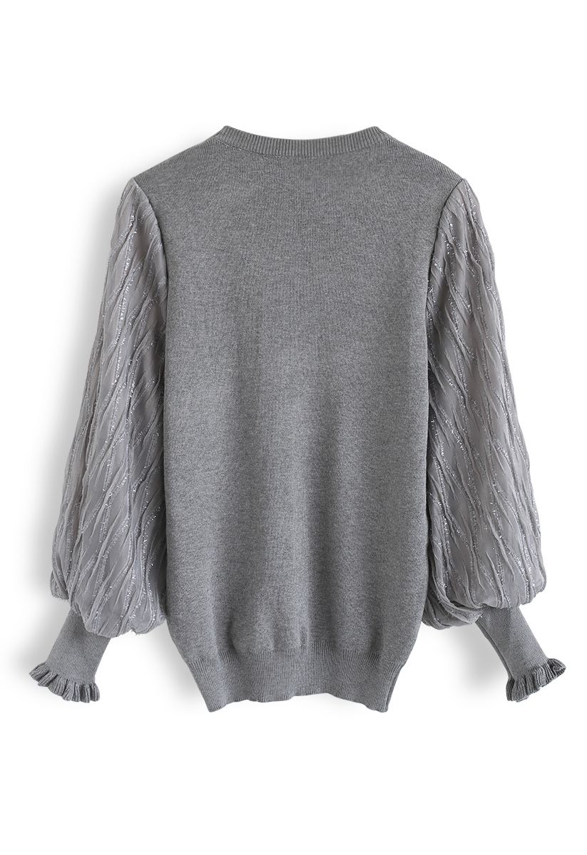 Shiny Lines Puff Sleeves Knit Top in Grey