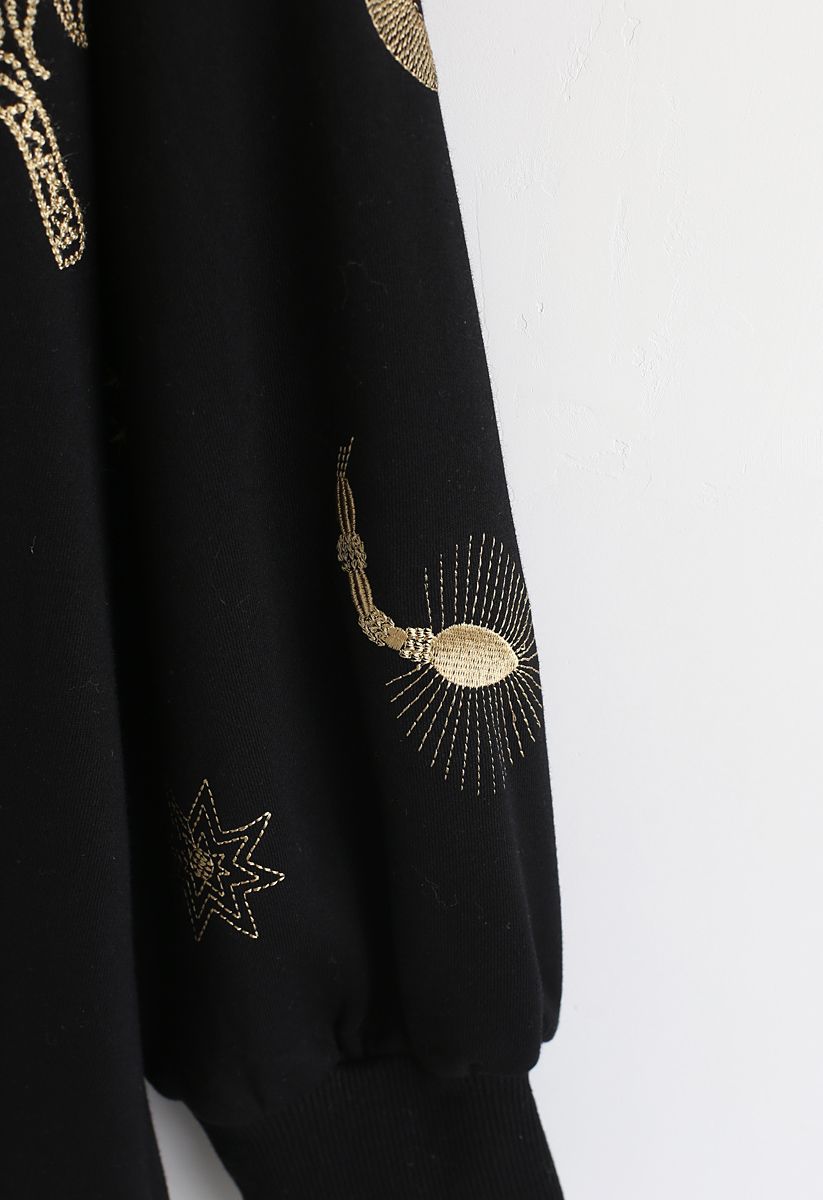 Star Sign Embroidered Pullover Sweatshirt in Black