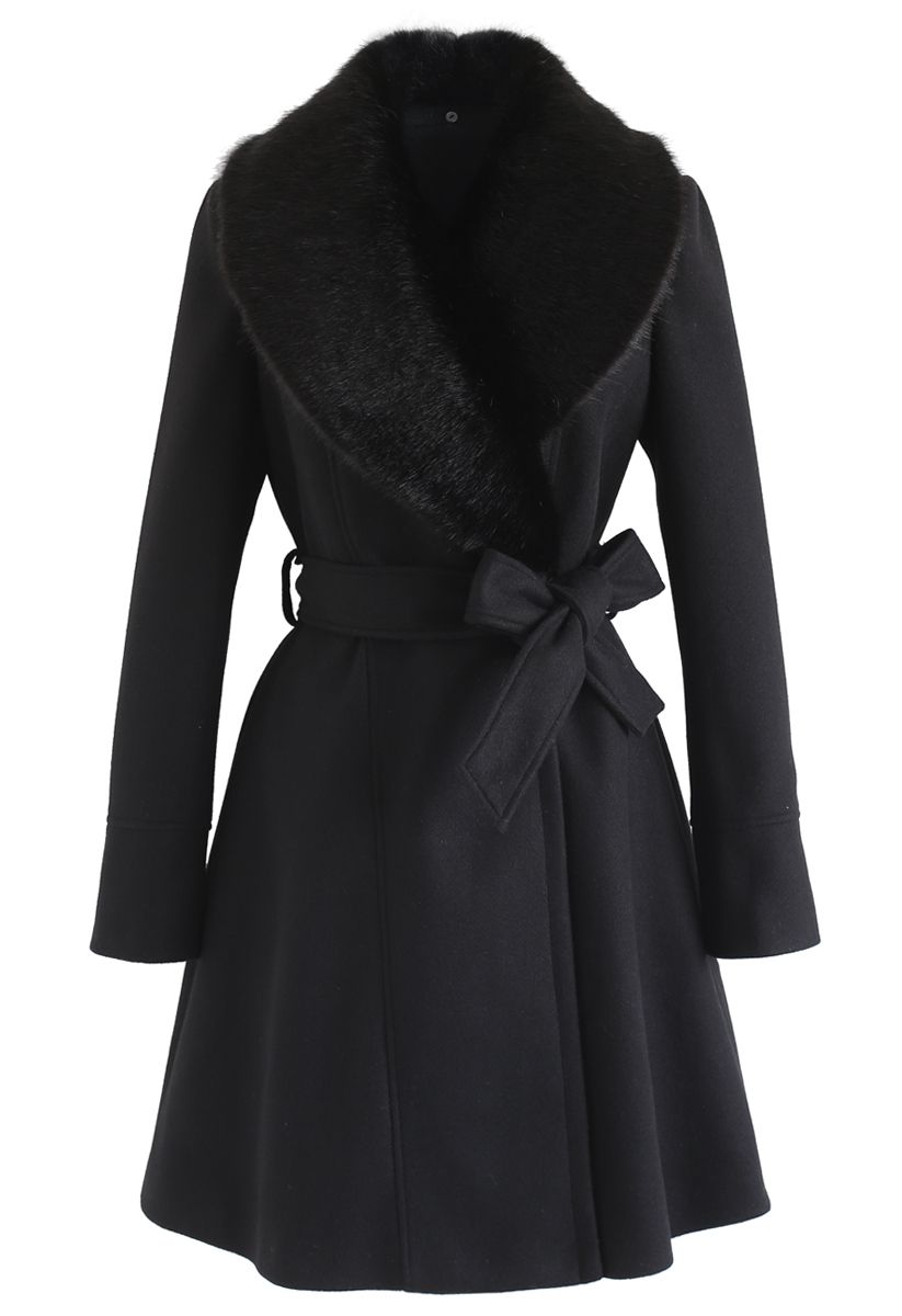 Faux Fur Collar Belted Flare Coat in Black