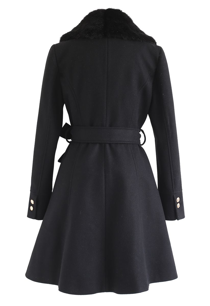 Faux Fur Collar Belted Flare Coat in Black - Retro, Indie and Unique ...