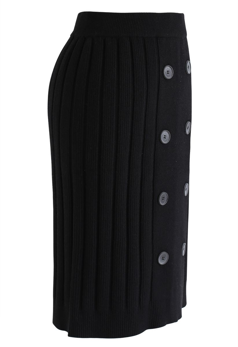 Button Ribbed Knit Pencil Skirt in Black
